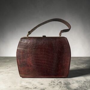 Vintage 1950s Lizard Skin Handbag: Sterling USA Brown Leather Box Purse